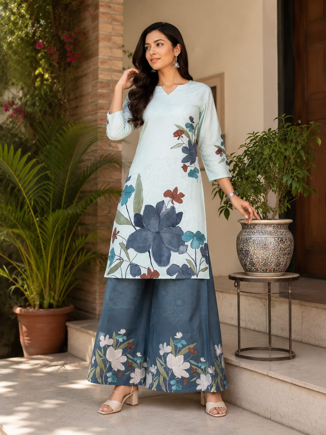 Women’s Pastel Pink Floral Printed Kurta with Brown Printed Palazzo Set