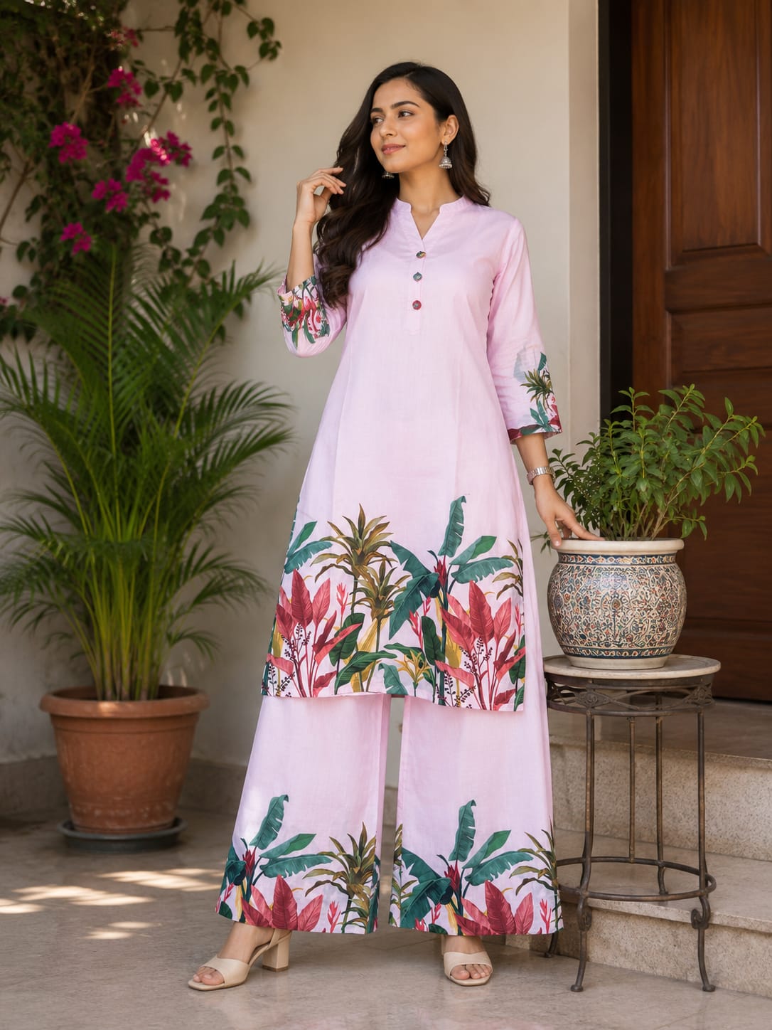 Women's Floral Printed Kurta Palazzo Set | Straight Fit | 3/4 Sleeves | Ethnic Co-ord Set