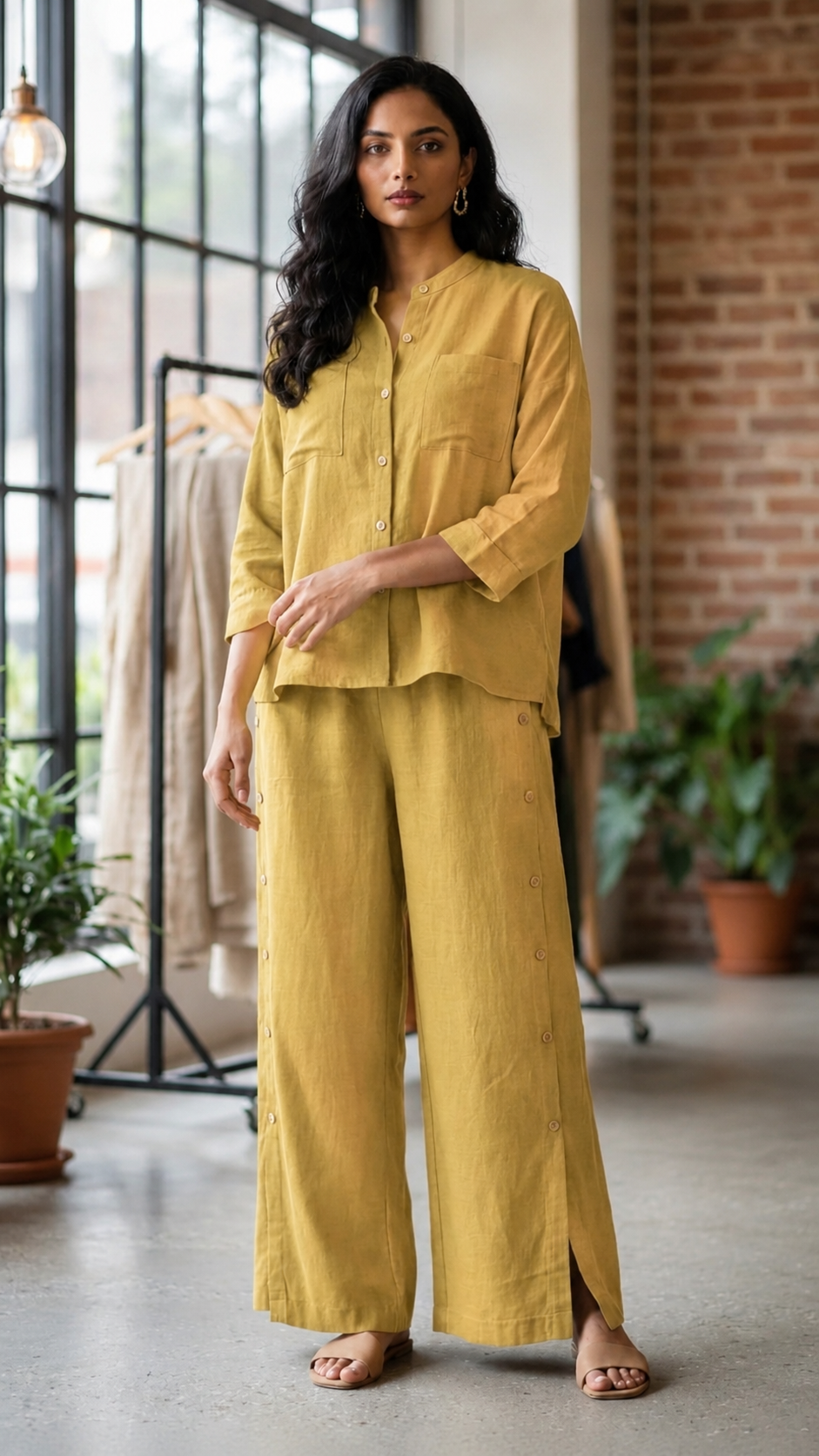 Women's Rust Cotton Linen Co-Ord Set | Button-Down Top & Wide Leg Pants | Casual Summer Lounge Wear