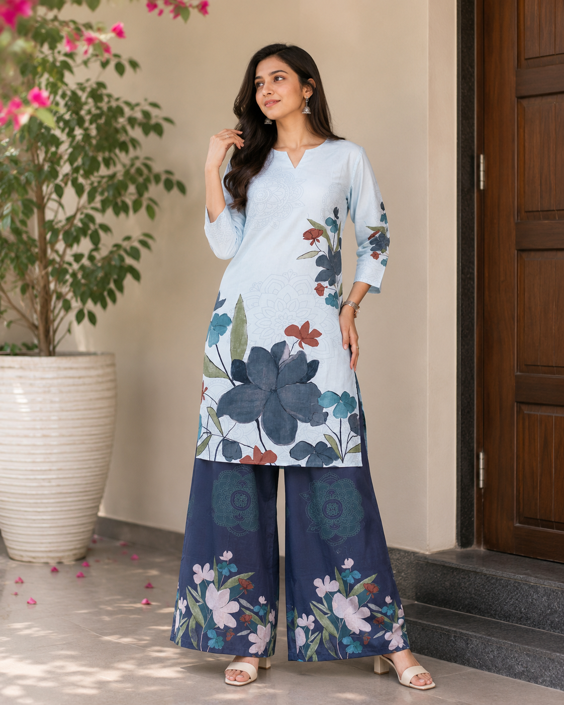 Women’s Pastel Pink Floral Printed Kurta with Brown Printed Palazzo Set