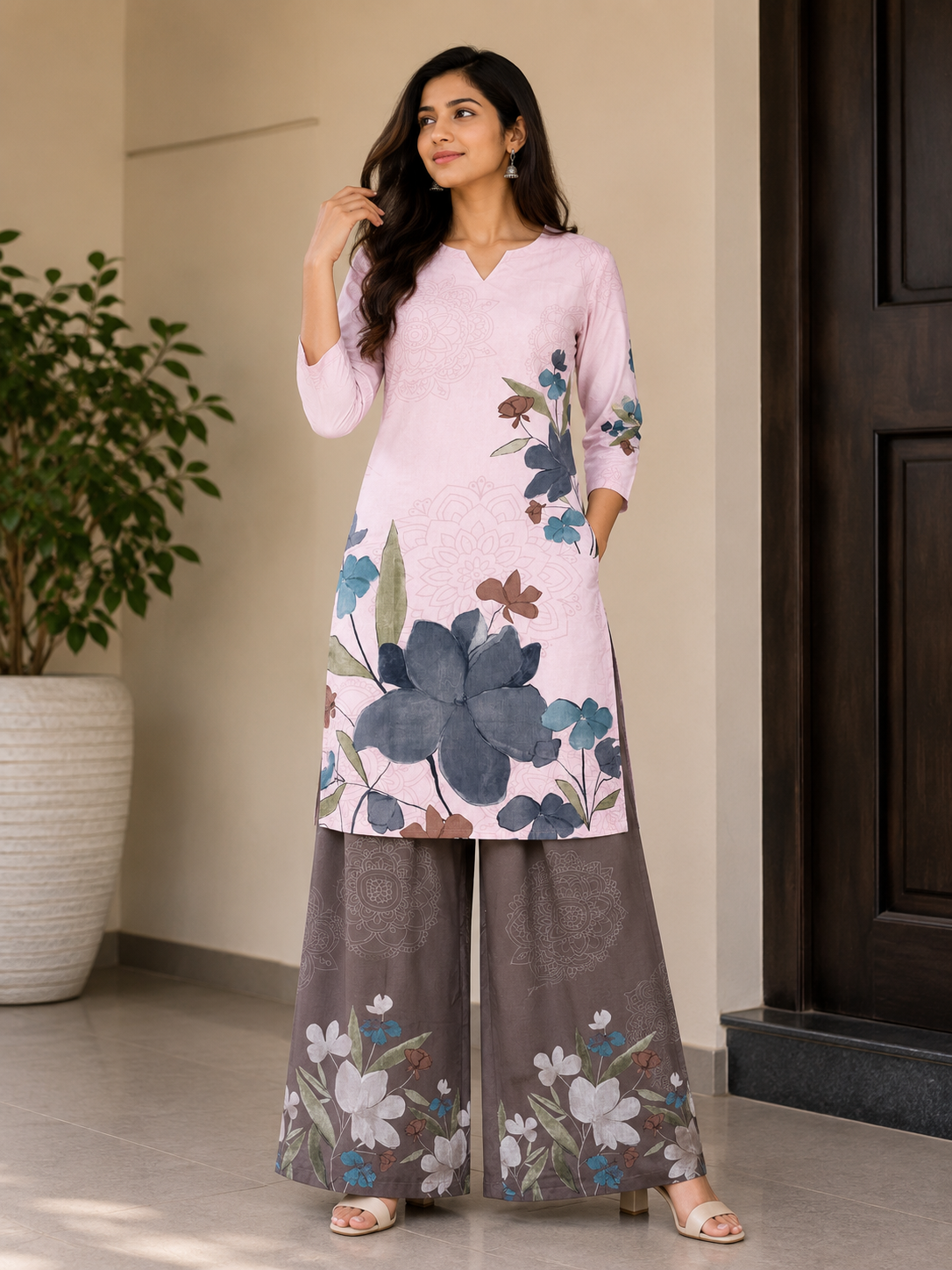 Women’s Pastel Pink Floral Printed Kurta with Brown Printed Palazzo Set