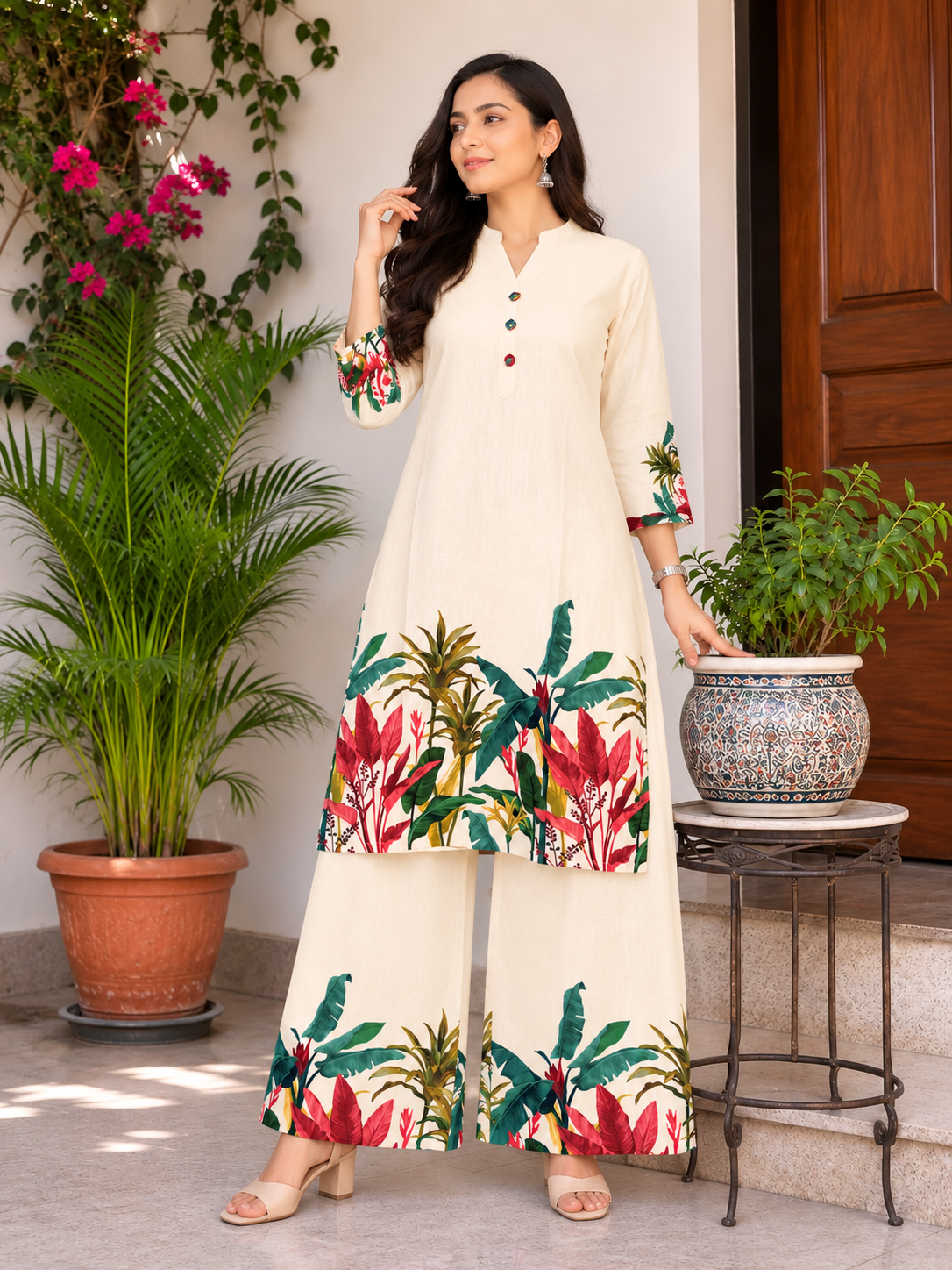Women's Floral Printed Kurta Palazzo Set | Straight Fit | 3/4 Sleeves | Ethnic Co-ord Set