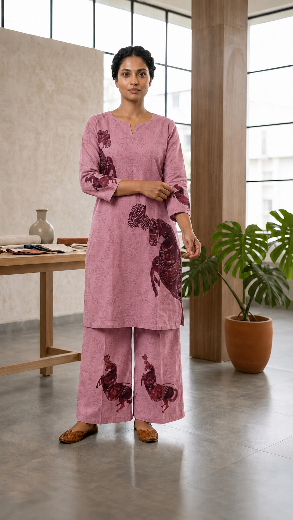 Beige Cotton Printed Kurta Palazzo Set for Women | Elegant Ethnic Co-Ord Set | Comfortable Daily Wear
