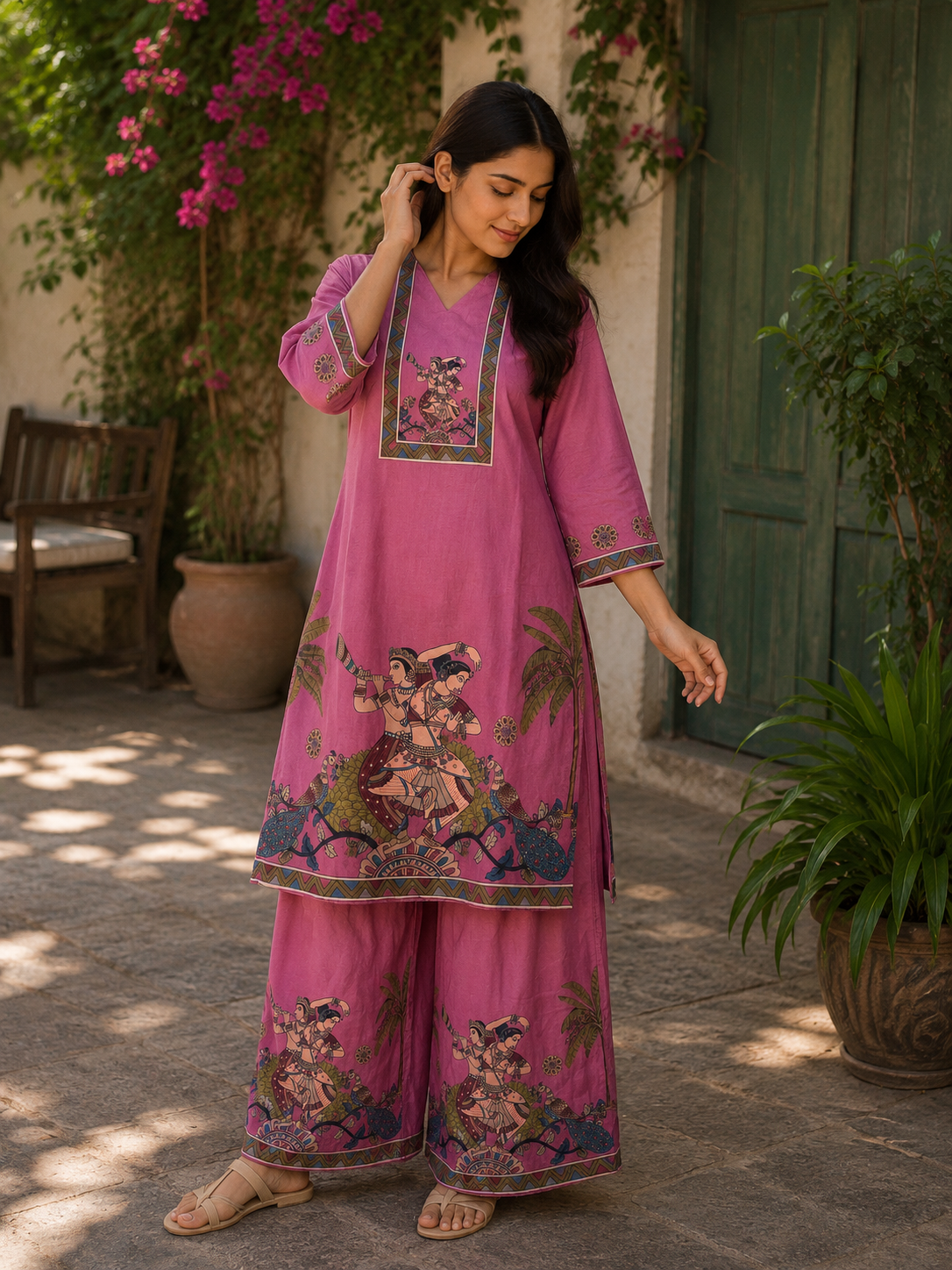 Pink Printed Cotton Kurta Palazzo Set for Women | Stylish Ethnic Wear