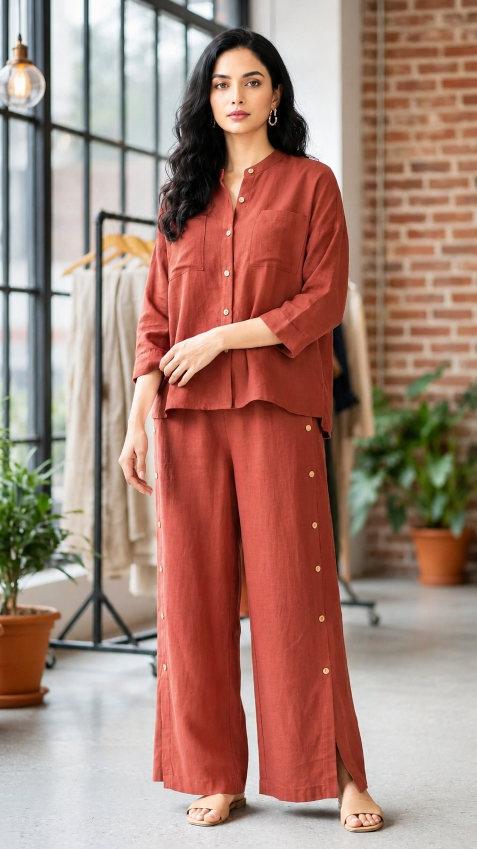 Women's Rust Cotton Linen Co-Ord Set | Button-Down Top & Wide Leg Pants | Casual Summer Lounge Wear