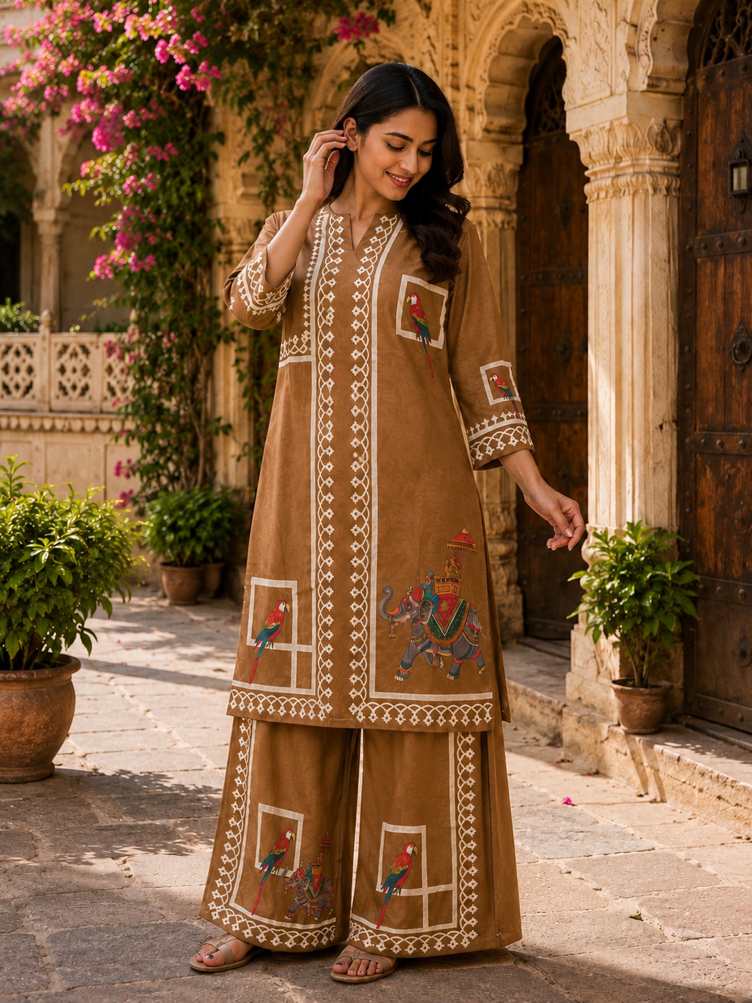 Women's Navy Blue Elephant & Parrot Print Cotton Kurta Palazzo Set | Ethnic Wear