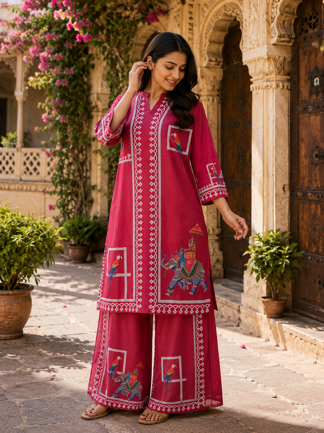 Women's Navy Blue Elephant & Parrot Print Cotton Kurta Palazzo Set | Ethnic Wear