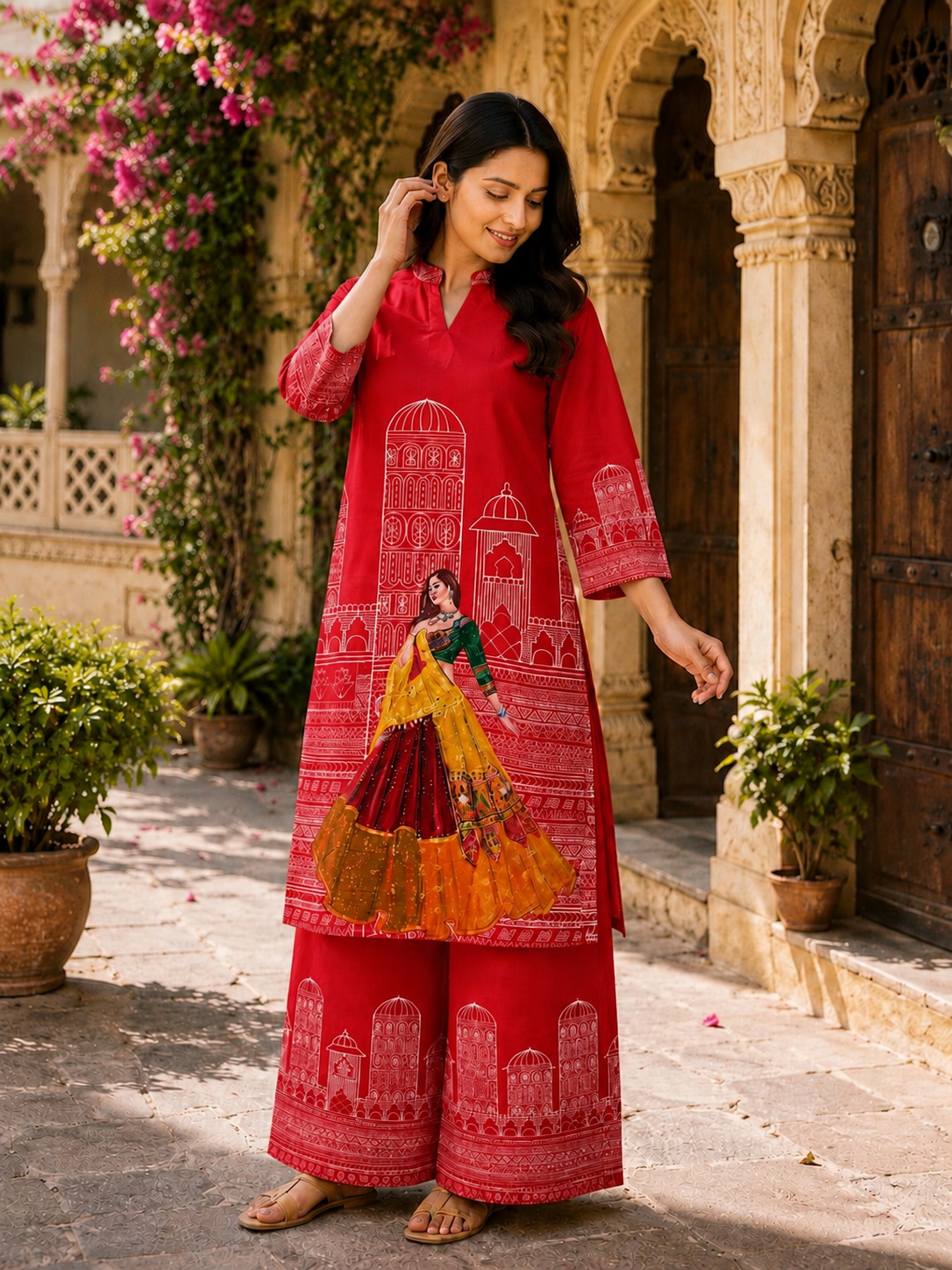 Fashionwedd Women's Red Heritage Print Cotton Kurta Palazzo Set