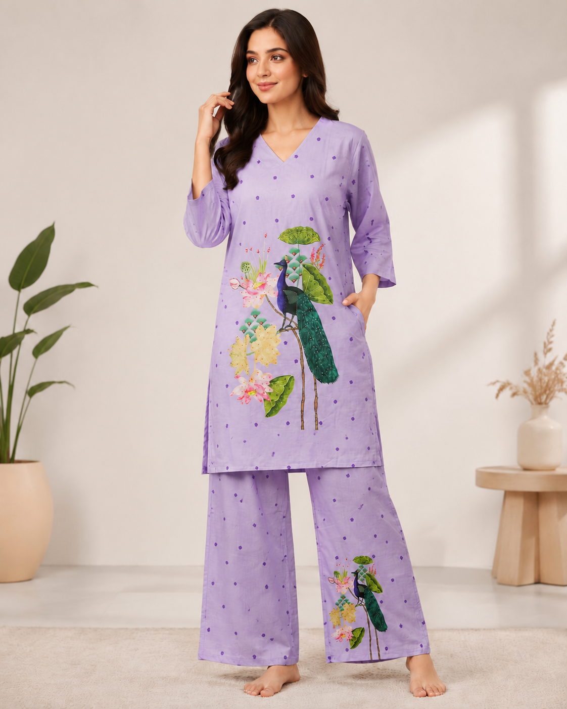 Cotton Peacock Printed Kurta & Palazzo Co-Ord Set for Women | Comfortable Casual Ethnic Wear