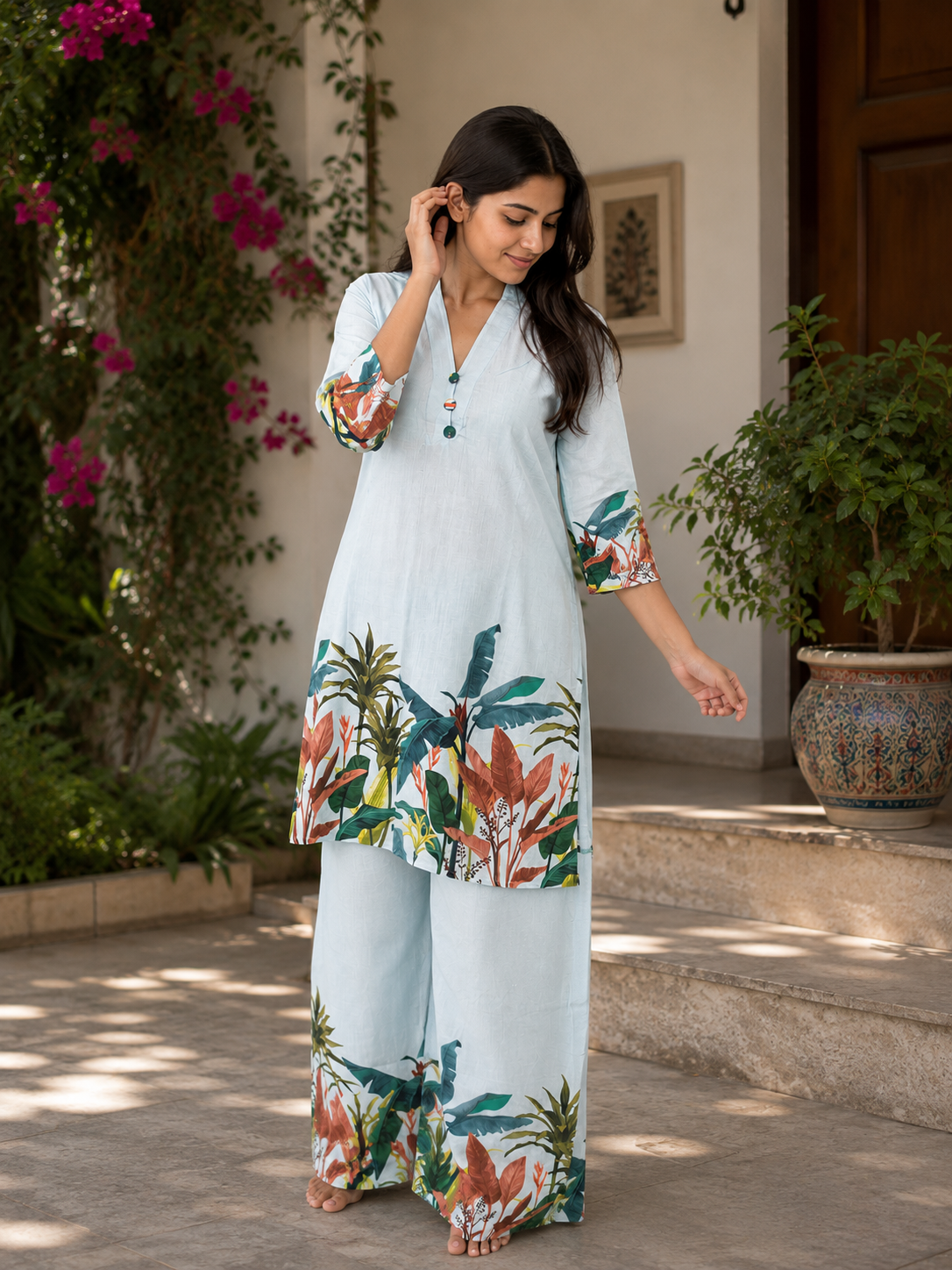 Women's Floral Printed Kurta Palazzo Set | Straight Fit | 3/4 Sleeves | Ethnic Co-ord Set