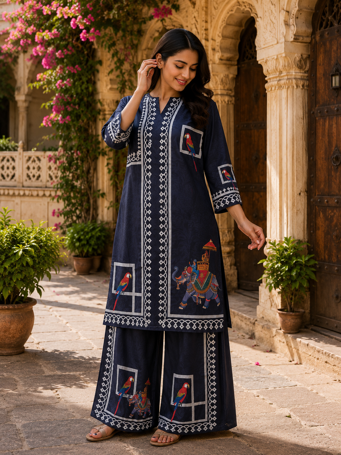 Women's Navy Blue Elephant & Parrot Print Cotton Kurta Palazzo Set | Ethnic Wear