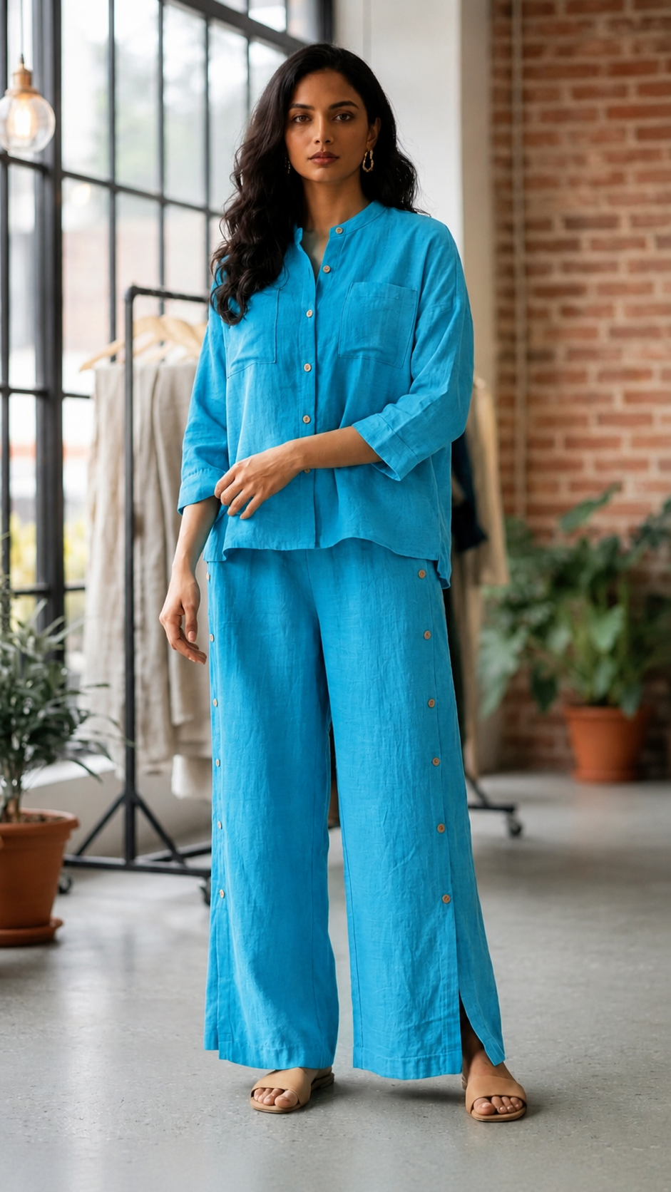 Women's Rust Cotton Linen Co-Ord Set | Button-Down Top & Wide Leg Pants | Casual Summer Lounge Wear