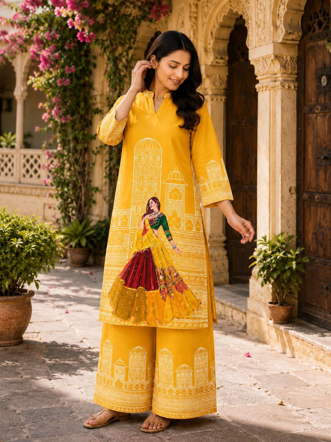 Fashionwedd Women's Red Heritage Print Cotton Kurta Palazzo Set