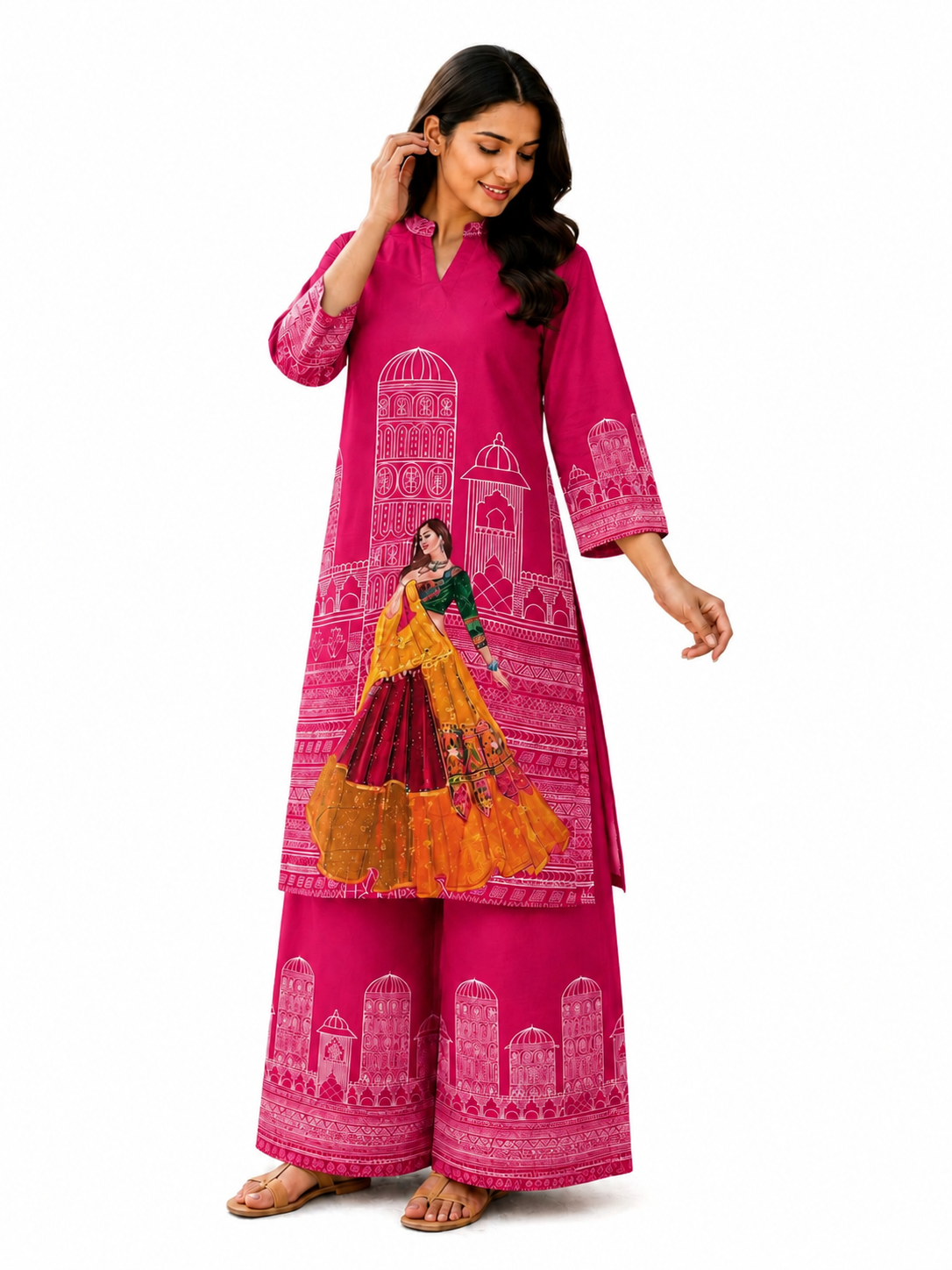 Fashionwedd Women's Red Heritage Print Cotton Kurta Palazzo Set
