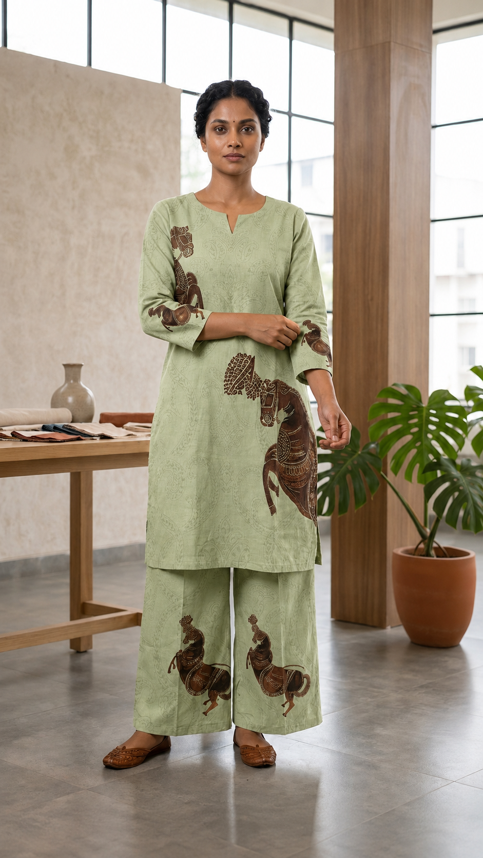 Beige Cotton Printed Kurta Palazzo Set for Women | Elegant Ethnic Co-Ord Set | Comfortable Daily Wear