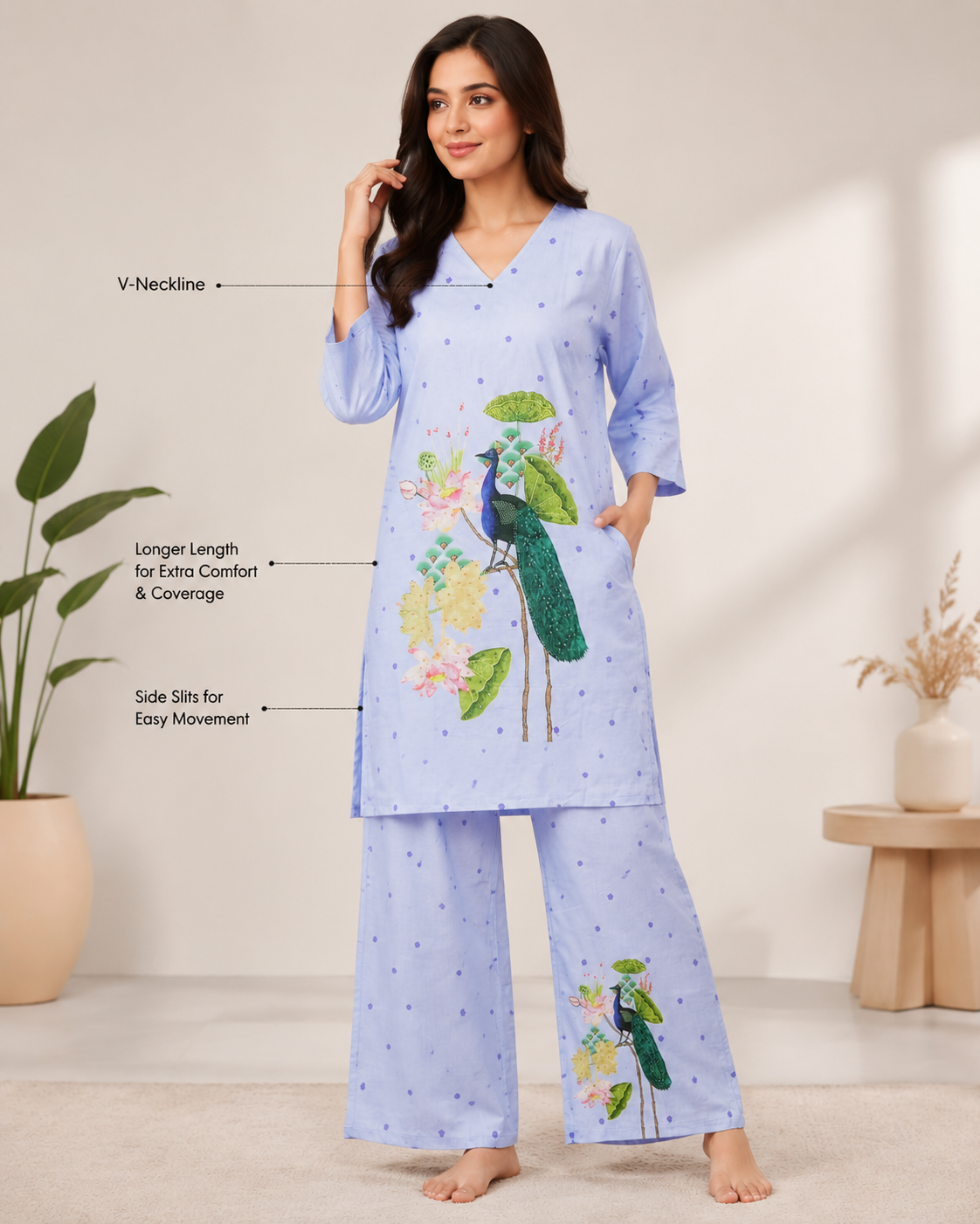 Cotton Peacock Printed Kurta & Palazzo Co-Ord Set for Women | Comfortable Casual Ethnic Wear