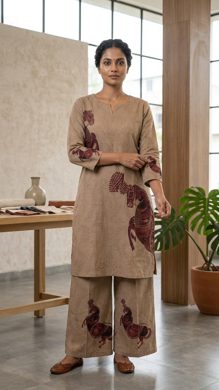 Beige Cotton Printed Kurta Palazzo Set for Women | Elegant Ethnic Co-Ord Set | Comfortable Daily Wear